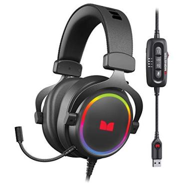 Imagem de Monster Fones de ouvido para jogos iluminados Alpha 7.1 RGB com som surround 7.1, microfone removível com cancelamento de ruído, fones de ouvido acolchoados – para jogos de PC, preto
