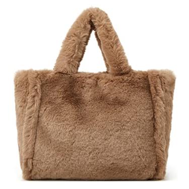 Imagem de Bolsa de ombro grande bolsa de lã pele sintética Hobo bolsa bolsa de mão bolsa retrô cor sólida bolsa grande, Café grande