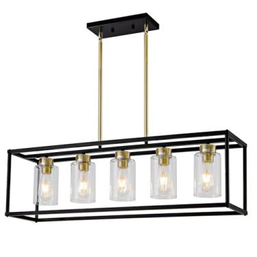 Imagem de HCCZ 5 luminárias para sala de jantar, lustres modernos de casa de fazenda, sobre mesa, preto e bronze escovado, dourado, retangular, iluminação pendente para cozinha, com sombra de vidro, luminária