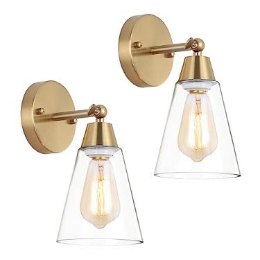 Imagem de MWZ Conjunto de 2 arandelas de parede douradas, iluminação moderna de latão escovado com sombra de vidro transparente, luminárias de banheiro sobre espelho, luzes de vaidade sobre pia, lâmpada de