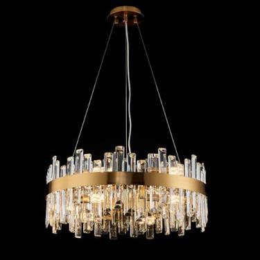 Imagem de chandiry Lustres de cristal redondos, D23,15 cm 12 lâmpadas latão dourado lustre luminoso, pendente de altura ajustável, luz de teto para sala de estar, sala de jantar, quarto