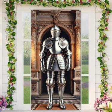 Imagem de BlissYard Banner de porta medieval Knight Armor 89 x 189 cm, decoração de boas-vindas de Natal com estampa de terno completo de armadura para exibição de férias de parede interna e externa, decoração