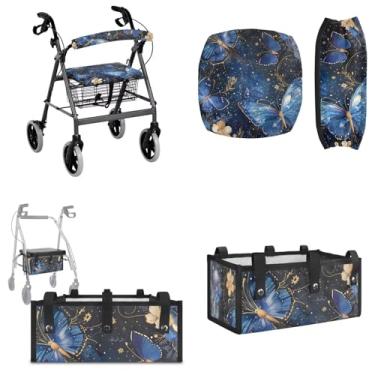 Imagem de Maiyoinou Conjunto de 3 peças de acessórios de andador floral de borboleta para andadores, capas de assento e encosto, bolsa de cesta de andador para idosos e adultos
