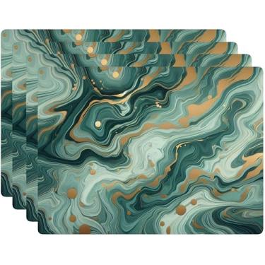 Imagem de Conjunto de 4 jogos americanos com revestimento de cortiça, design de mármore, decoração de mesa de jantar e banquete, jogo americano rígido 30,5 x 40,6 cm (verde dourado)