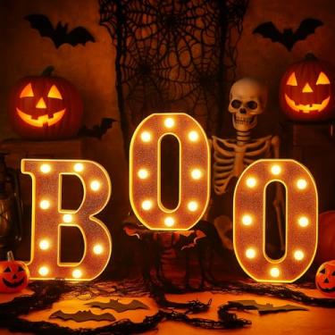 Imagem de 3 peças de decorações de Halloween Boo iluminam letreiro letreiro com letras de led [Boo] luzes de Halloween decoração para Halloween ao ar livre sala de casa cozinha lareira mesa suprimentos de festa