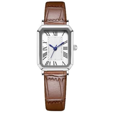 Imagem de Relógio vintage feminino elegante com mostrador retangular romano, caixa ultrafina, pulseira de couro macio, relógio de pulso clássico de quartzo estilo vintage, marrom/c, Casual