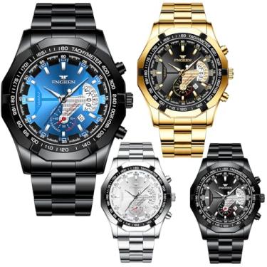 Imagem de Pacote com 4 relógios masculinos à prova d 'água data luminosa aço inoxidável grande ouro prata preto azul vestido de negócios luxo casual analógico quartzo conjunto de relógios de pulso sortidos por