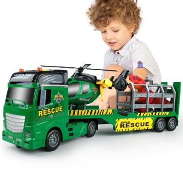 Imagem de Caminhão transportador Toy Dwi Dowellin 25,6 cm com helicóptero e dino