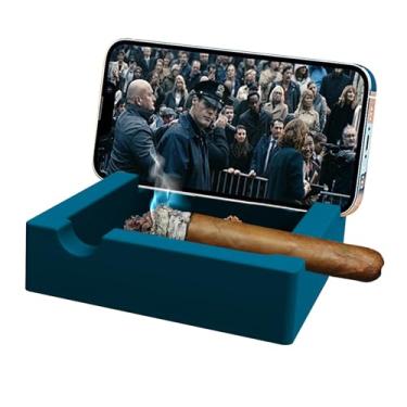 Imagem de Cinzeiro de silicone para charutos, 15 cm, uso interno e externo, cinzeiro de silicone grande com suporte para telefone e 3 suportes para charutos, presente inquebrável para homens fumantes (azul)