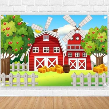 Imagem de 2,1 x 1,5 m Pano de fundo de fazenda animais rústicos celeiro vermelho armazém fotografia tema fazenda celeiro crianças chá de bebê festa de aniversário bolo mesa banner tecido decoração cabine