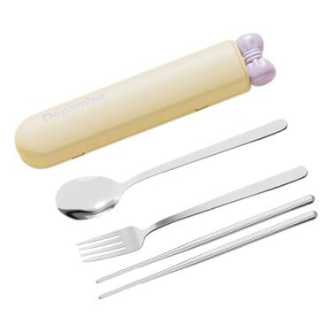 Imagem de Bothyi Conjunto de colheres e pauzinhos para viagem, kit de talheres de aço inoxidável 304, conjunto de talheres portátil para restaurante e casa, Amarelo 4 Peças