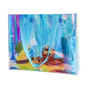 Imagem de TotePrint Sacola holográfica transparente com alças pretas Rainbow Stadium Bolsa de praia de pvc aprovada para mulheres compras, Alça azul, Large