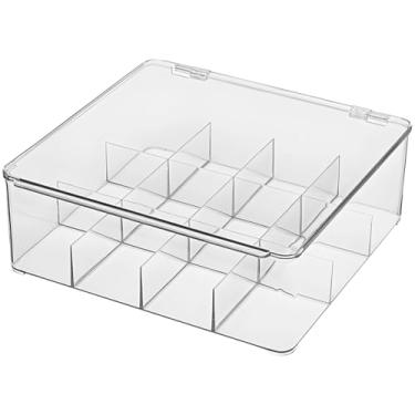 Imagem de Organizador de saquinhos de chá, armazenamento de grande capacidade para armário, caixa de PET transparente com 12 compartimentos com tampa articulada, solução empilhável para despensa de cozinha