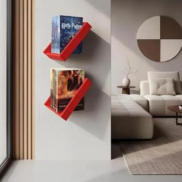 Imagem de Prateleira Porta Livros Suporte Estante Nicho Decorativo Parede 2 peças Vermelho Laca