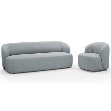 Imagem de Sofá 3 Lugares 205cm Com Poltrona Giratória Orgânica Heidy F04 Linho Cinza - Lyam Decor