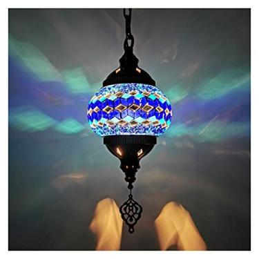 Imagem de Iluminação pendente Luz pendente feita à mão sombra de vidro colorido estilo boêmio mosaico luz suspensa cordão ajustável lustre decorativo sala de estar quarto (cor: azul)