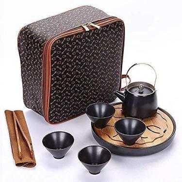 Imagem de Conjunto de chá de chaleira de cerâmica um conjunto de chá de quatro xícaras de viagem Ding Kiln conjunto de chá de cerâmica conveniente esmalte fosco bandeja de chá 200 ml seis conjuntos (Tt)