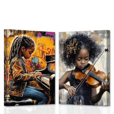 Imagem de CCWACPP Arte de parede em tela de música preta, pôsteres de música jazz, 2 peças, imagens pretas de crianças, pintura temática musical, decoração de quarto emoldurada (30 x 40 x 2 peças)