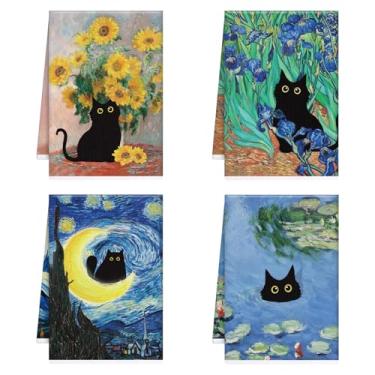 Imagem de InIsaJace Toalhas de cozinha de gato preto, 4 peças de toalhas de prato de pintura a óleo para limpeza de cozinha, toalha de chá decorativa estética absorvente com laço para pendurar para cozinha