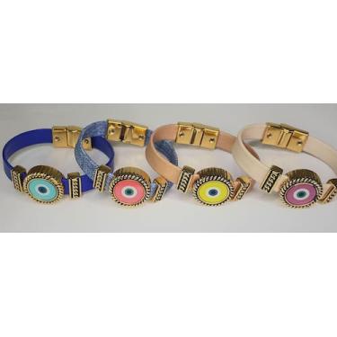 Imagem de Pulseira Olho Grego Colorida - Pano da Sorte, Couro, Jeans, TAM: 16,5C