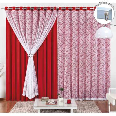 Imagem de Cortina Yasmin 4,00m x 2,50m Vermelha Trilho Comum Tecido Malha Com Renda Floral