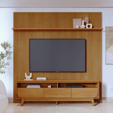 Imagem de Painel TV 75 Pol 238cm Ripado Kalven e Bancada Elarin Cumaru M20 - D'Rossi