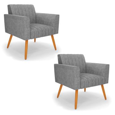 Imagem de Kit 2 Poltronas Viena Gomada Linho Grafite A26 Pés Palito Castanho - D'Rossi