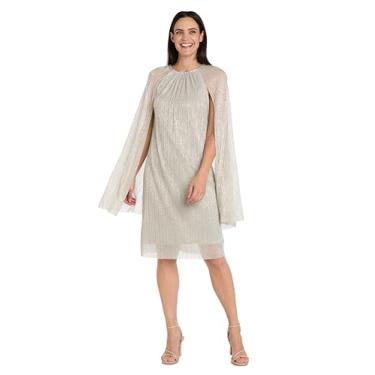 Imagem de R&M Richards Vestido feminino plissado metálico na altura do joelho com decote de strass e mangas capelet, Champanhe, 46