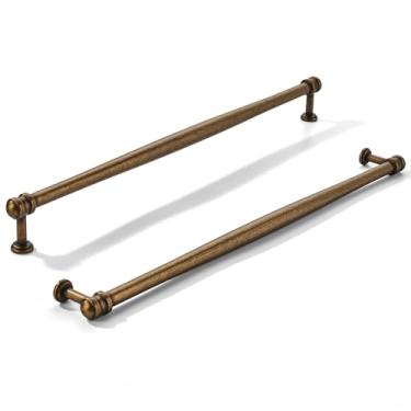 Imagem de khtumeware Pacote com 2 puxadores de armário de latão antigo com orifício central de 305 mm, alça sólida para armário de cozinha resistente, ferragens de armário para penteadeira, puxador de banheiro