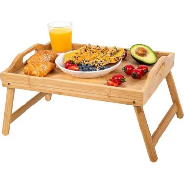 Imagem de Bandeja Café Da Manhã, 56 X 27 X 27,5 cm, Bandeja Dobrável De Bambu, Para Pequeno-Almoço Na Cama, Com Alças E Pernas Dobráveis, Castanho Natural