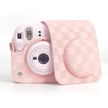 Imagem de Haotermai Capa de câmera compatível com câmera instantânea Fujifilm Instax Mini 12, bolsa de transporte para câmera estilo quadriculado para Polaroid Instax Mini 12 com alça - rosa