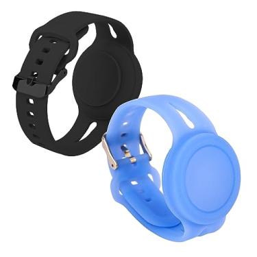 Imagem de 2 pulseiras para Airtag, pulseira de silicone macio à prova d'água com 4 peças de capas redondas rastreador GPS leve compatível com Apple AirTag para (preto, azul)