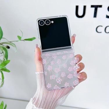 Imagem de Capa para Galaxy Z Flip5 transparente com estampa de flor fofa e laser, com dobradiça de corrente (para Galaxy Z Flip5/01)