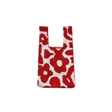 Imagem de Bolsa de malha mini bolsa de pulso fofa bolsa de mão com nó bolsa de mão feminina de bolso, Flor vermelha, Small