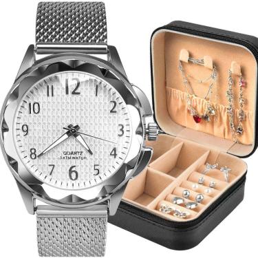 Imagem de Relogio Feminino Prova Dagua + Pulseira + Brincos + Porta Joia Social Silicone Original Casual Prata
