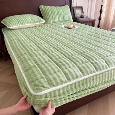 Imagem de Capa de colchão fácil de cuidar, respirável, respirável, protetor acolchoado de pelúcia macia com faixas elásticas, cor sólida - verde | 200 x 220 cm