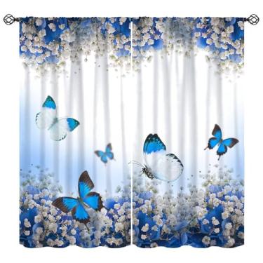 Imagem de Cortinas de borboleta floral primavera botânica azul borboleta e flores românticas natureza paisagem cortinas de janela para quarto sala de estar cozinha café (L50 x C 114 cm) x 2 decoração