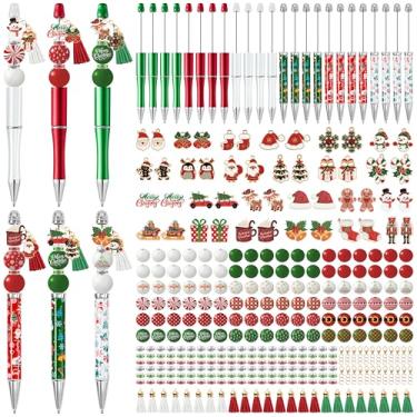 Imagem de COcnny Kits de canetas de Natal com contas - Conjunto de 24 canetas esferográficas DIY de Natal com miçangas, artesanato para crianças, boneco de neve, floco de neve, pingente, borla, suprimentos para