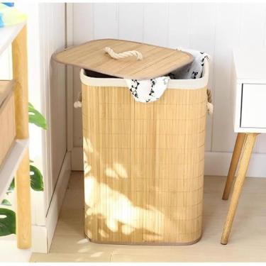 Imagem de Cesto De Roupa Suja Bambu Dobravel Organizador Forrado Banheiro 60cm -