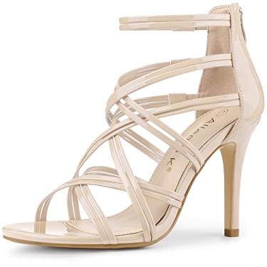 Imagem de Allegra K Sandálias femininas de bico aberto com salto agulha com tiras e cadarço, Bege, 38