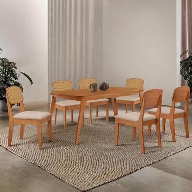 Imagem de Mesa De Jantar Copper 180cm Tampo Mdf Laminado 6 Cadeiras Veludo Creme/naturalle/naturalle