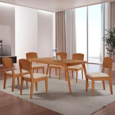 Imagem de Mesa De Jantar Copper 180cm Tampo Mdf 6 Cadeiras Moderna Veludo Creme/naturalle/naturalle