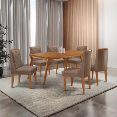 Imagem de Mesa De Jantar Copper 180cm Tampo Com 6 Cadeiras Moderna Veludo Capuccino/naturalle/naturalle