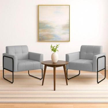 Imagem de Poltrona Sala Industrial Alta Tubo Preto Kit 2 Elisa Sintético Cinza D