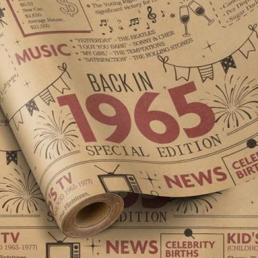 Imagem de RUSPEPA Papel de embrulho engraçado de aniversário 2025 para mulheres ou homens, mini rolo, papel kraft de design vintage de jornal de volta em 1965 para presente de festa de 60 anos e ocasiões