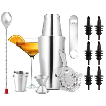 Imagem de Conjunto de coqueteleira Mixology Bartender – conjunto de coqueteleira de aço inoxidável de 38,1 g e 76,2 g – Kit de coquetel de coquetel para coquetel, kit de mistura de bebida – Conjunto de iniciante para mistura de bebidas essenciais Martini – NutriChef NCCS15PC (conjunto de 15 peças)