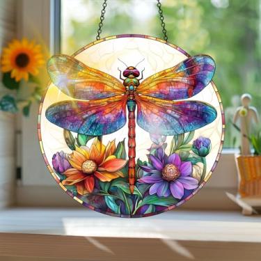 Imagem de Acrílico colorido Suncatcher, apanhador de sol estilo vitral impresso libélula com reflexos de arco-íris, decoração de janela suspensa, decoração de parede, ornamentos de Natal para uso interno e