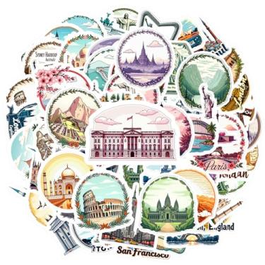 Imagem de 70 peças de marcos de viagem, turismo, arquitetura, arquitetura cultural, decalques adesivos de PVC ilustrativos para telefone faça você mesmo, laptop, scrapbook, bicicleta, guitarra, laptop, capacete