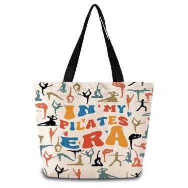 Imagem de ZhuVantrix Sacola In My Pilates Era, reutilizável, bolsa de compras estética, bolsa de ombro com bolso interno com zíper, elegante na minha era do Pilates, presente para mulheres