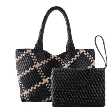 Imagem de Sacola de tecido para mulheres, bolsas de viagem tecidas à mão, bolsas grandes de couro vegano com pequena bolsa artesanal (preta e damasco)